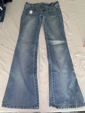 Vintage Angels Flare Jeans Medium Wash Button Fly Stretchy Denim Size 9